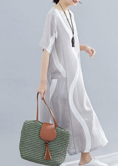 Women o neck asymmetric cotton clothes For Women design light gray striped Maxi Dresses summer - SooLinen