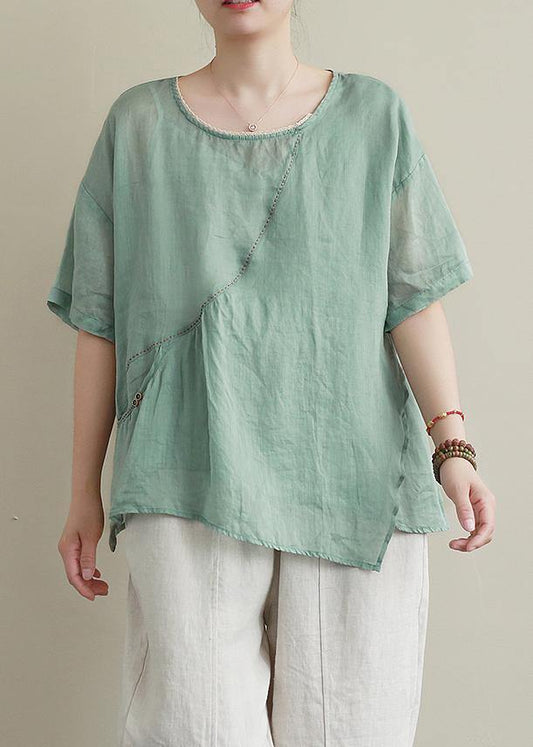 Women o neck asymmetric cotton linen summer clothes For Women green blouse - SooLinen