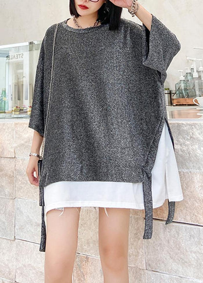 Women o neck asymmetric cotton summer for women Tops silver gray shirts - SooLinen
