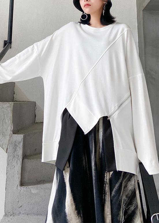 Women o neck asymmetric linen fall clothes Tops white shirts - SooLinen