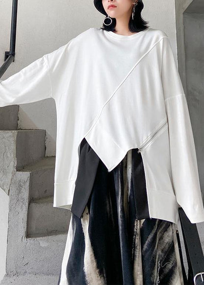 Women o neck asymmetric linen fall clothes Tops white shirts - SooLinen