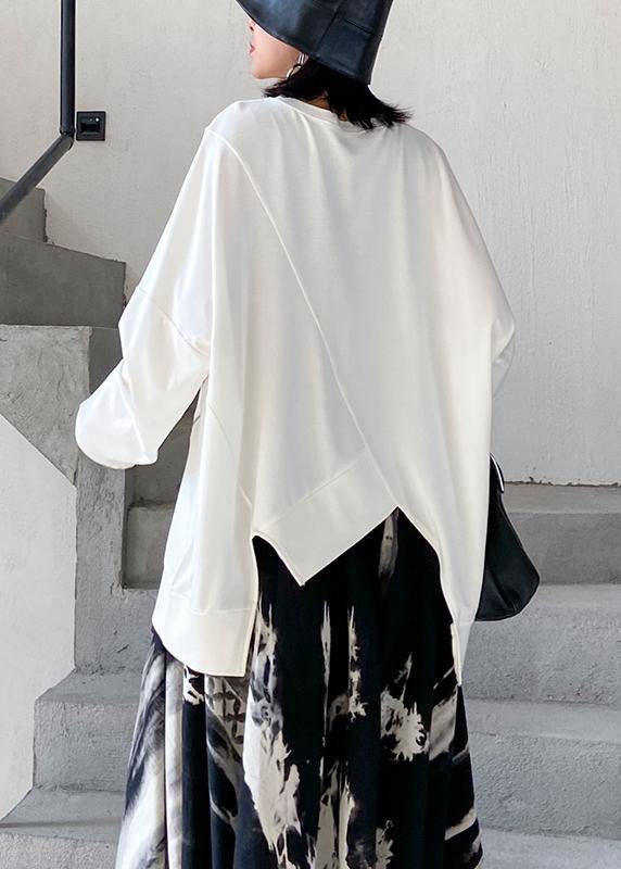 Women o neck asymmetric linen fall clothes Tops white shirts - SooLinen