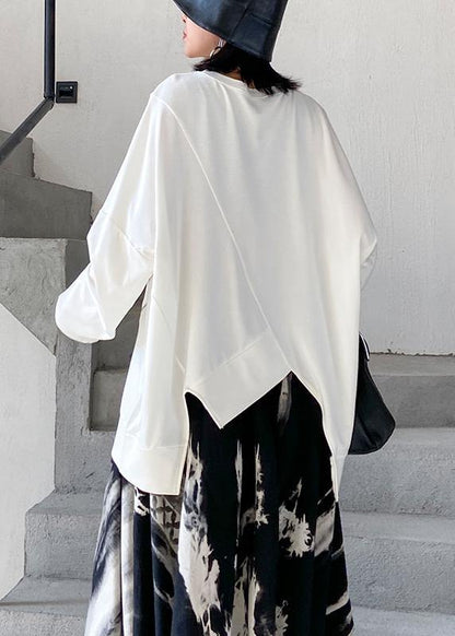 Women o neck asymmetric linen fall clothes Tops white shirts - SooLinen