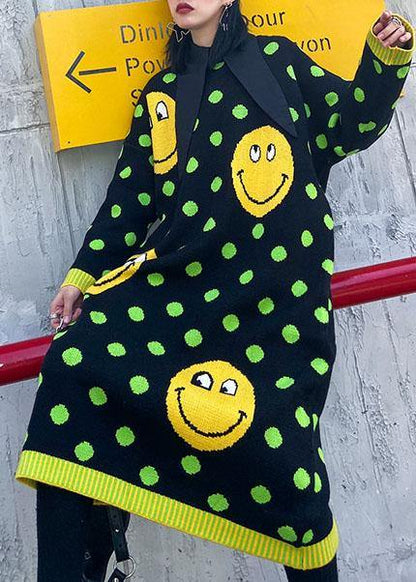 Women o neck baggy Sweater dress outfit plus size green dotted Fuzzy knitted dress - SooLinen