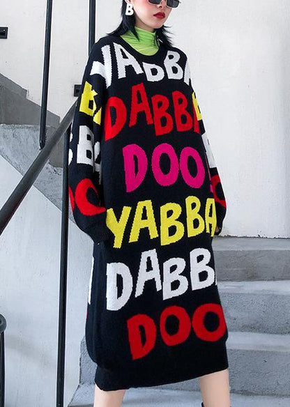 Women o neck baggy Sweater outfits Quotes black print Largo knit dresses - SooLinen
