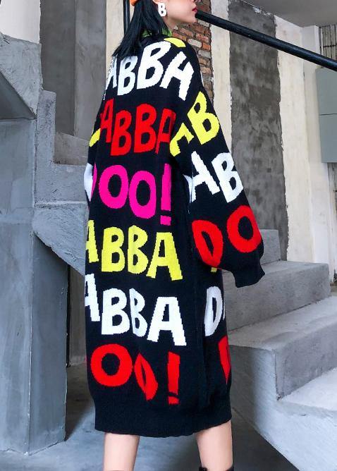 Women o neck baggy Sweater outfits Quotes black print Largo knit dresses - SooLinen