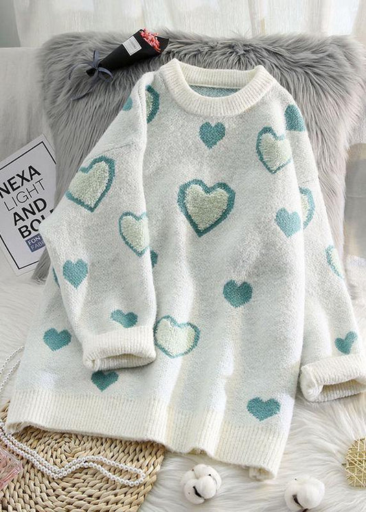 Women o neck blue knit sweat tops oversized love knitted pullover - SooLinen