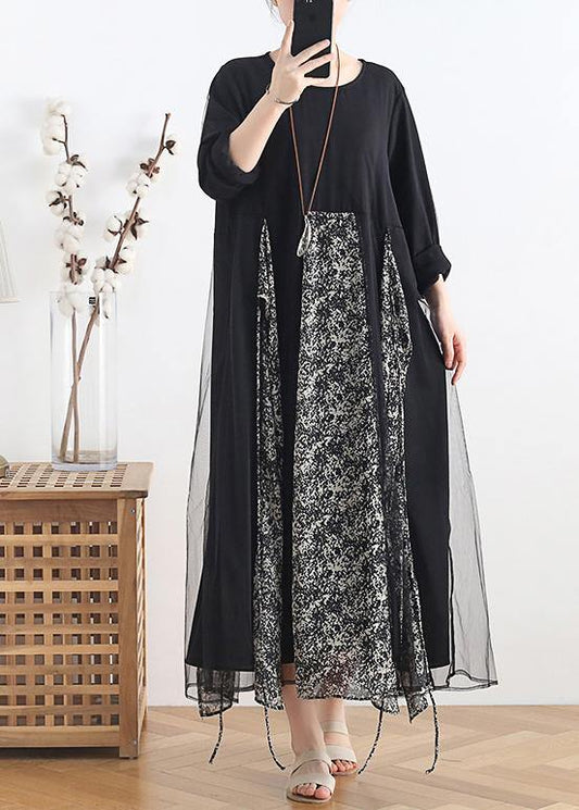 Women o neck clothes Women Tutorials black patchwork print Maxi Dresses - SooLinen