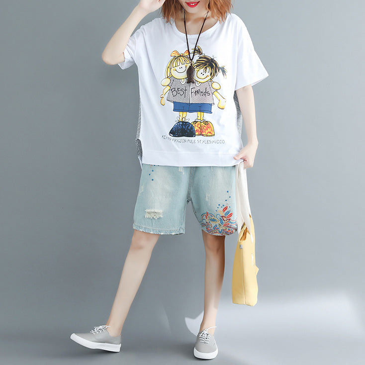 Damen O-Ausschnitt Baumwolle Lange Shirts 2019 Design weiß Print Box Tops