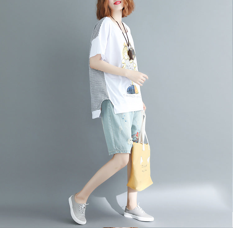 Damen O-Ausschnitt Baumwolle Lange Shirts 2019 Design weiß Print Box Tops