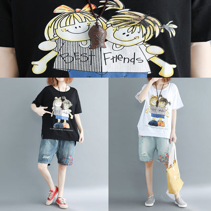 Damen O-Ausschnitt Baumwolle Lange Shirts 2019 Design weiß Print Box Tops