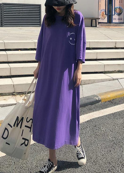 Women o neck cotton clothes pattern purple Maxi Dress summer - SooLinen