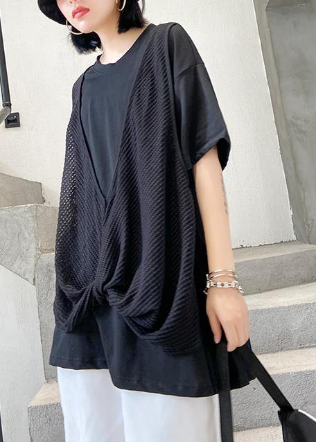 Women o neck cotton shirts black patchwork tulle shirts - SooLinen