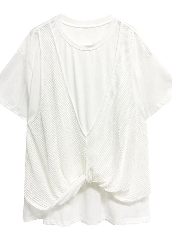 Women o neck cotton shirts black patchwork tulle shirts - SooLinen