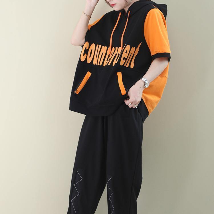 Women o neck cotton summer tunics for women Sewing orange Letter blouses - SooLinen