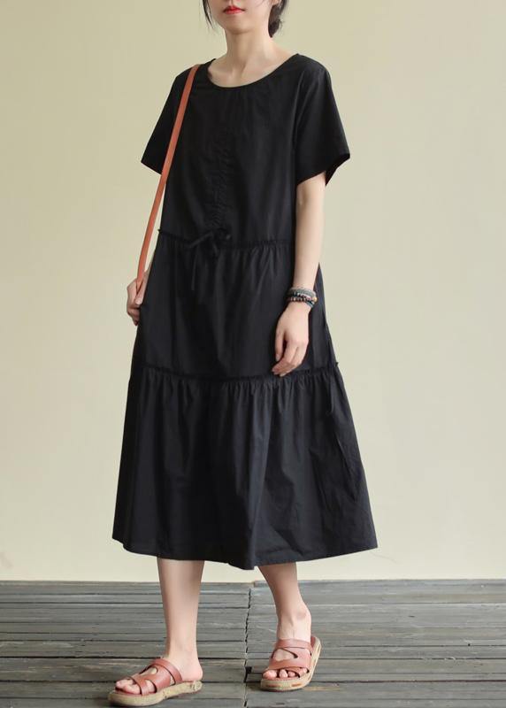 Women o neck drawstring cotton summer clothes For Women Wardrobes black cotton robes Dress - SooLinen