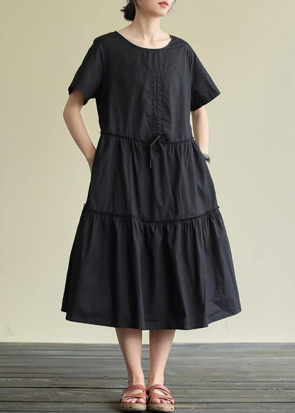 Women o neck drawstring cotton summer clothes For Women Wardrobes black cotton robes Dress - SooLinen