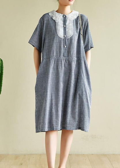 Women o neck elastic waist  clothes Neckline navy striped Dress - SooLinen