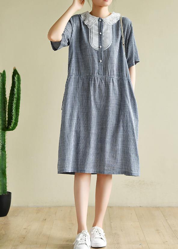 Women o neck elastic waist  clothes Neckline navy striped Dress - SooLinen