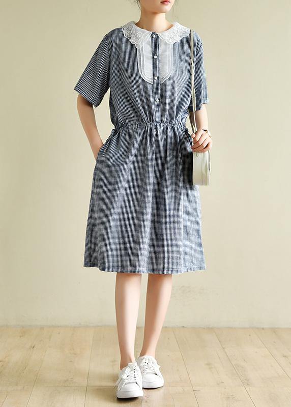 Women o neck elastic waist  clothes Neckline navy striped Dress - SooLinen