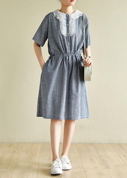 Women o neck elastic waist  clothes Neckline navy striped Dress - SooLinen