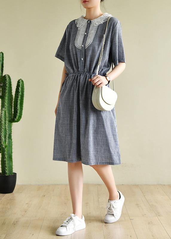 Women o neck elastic waist  clothes Neckline navy striped Dress - SooLinen