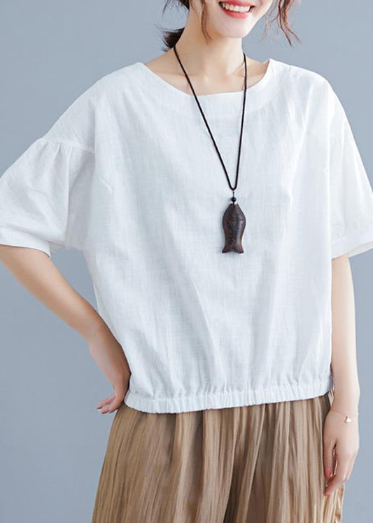 Women o neck half sleeve cotton linen clothes For Women white shirt summer - SooLinen