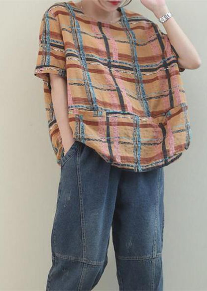 Women o neck linen summer top silhouette Fashion Ideas khaki plaid tops - SooLinen