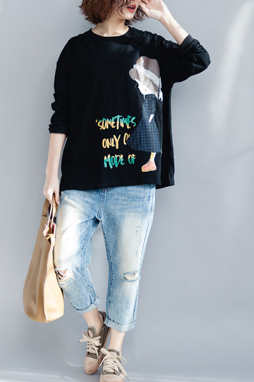 Frauen o neck langarm baumwolle shirts frauen plus größe Arbeit schwarz baggy top frühling