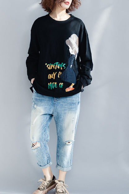 Frauen o neck langarm baumwolle shirts frauen plus größe Arbeit schwarz baggy top frühling