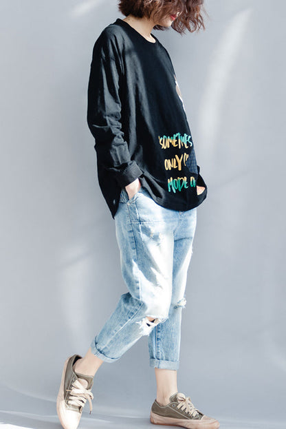 Frauen o neck langarm baumwolle shirts frauen plus größe Arbeit schwarz baggy top frühling