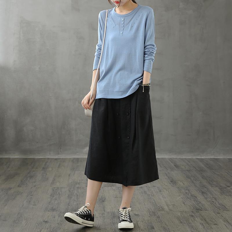 Women o neck long sleeve fall shirts pattern blue blouse - SooLinen