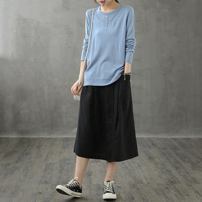 Women o neck long sleeve fall shirts pattern blue blouse - SooLinen