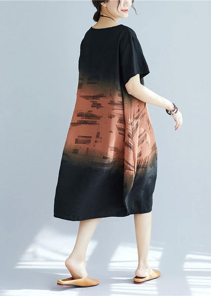 Women o neck patchwork Cotton dress khaki print Dresses summer - SooLinen