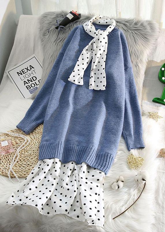 Women o neck patchwork Sweater outfits plus size blue Fuzzy sweater dresses - SooLinen