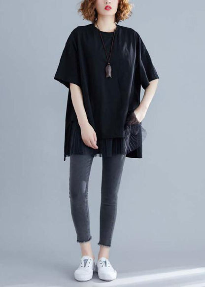 Women o neck patchwork cotton blouses for black short shirt summer - SooLinen