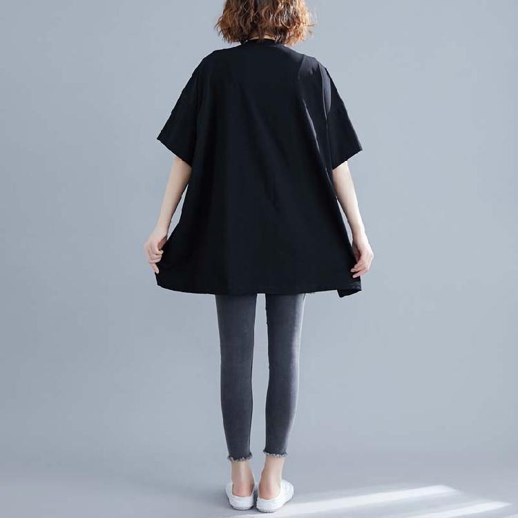 Women o neck patchwork cotton blouses for black short shirt summer - SooLinen