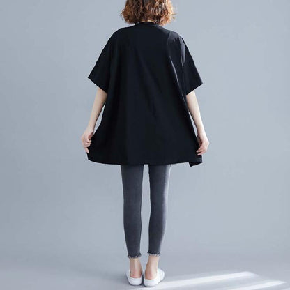 Women o neck patchwork cotton blouses for black short shirt summer - SooLinen