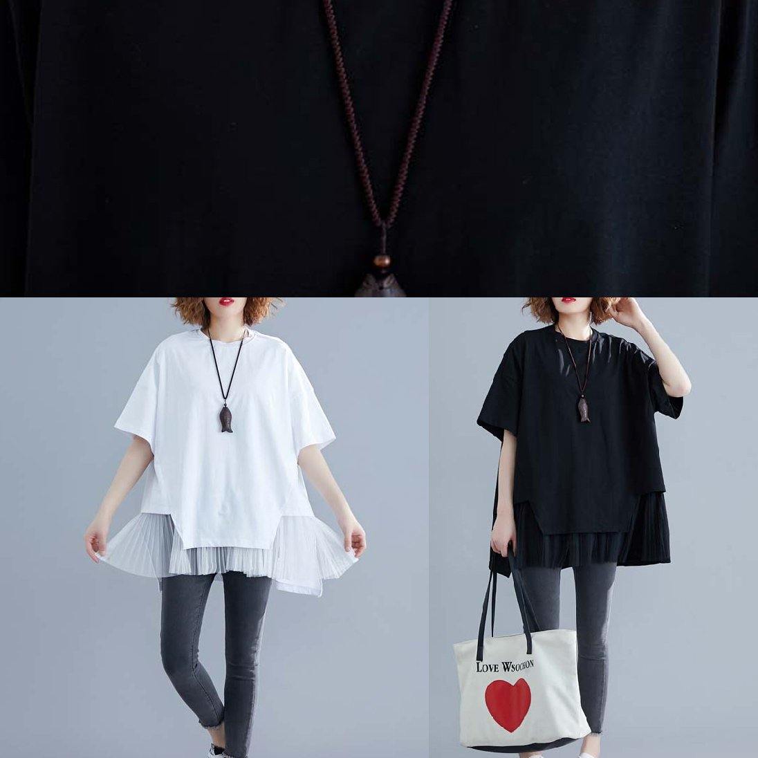 Women o neck patchwork cotton blouses for black short shirt summer - SooLinen