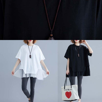 Women o neck patchwork cotton blouses for black short shirt summer - SooLinen