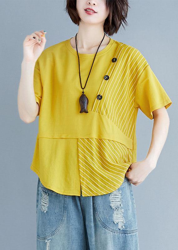 Women o neck patchwork cotton blouses for women yellow top summer - SooLinen