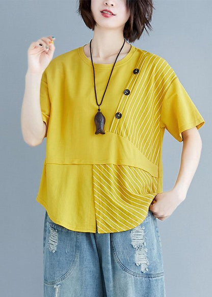 Women o neck patchwork cotton blouses for women yellow top summer - SooLinen