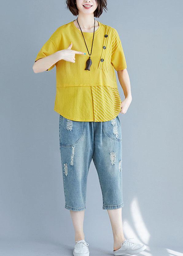 Women o neck patchwork cotton blouses for women yellow top summer - SooLinen
