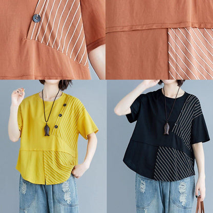 Women o neck patchwork cotton blouses for women yellow top summer - SooLinen