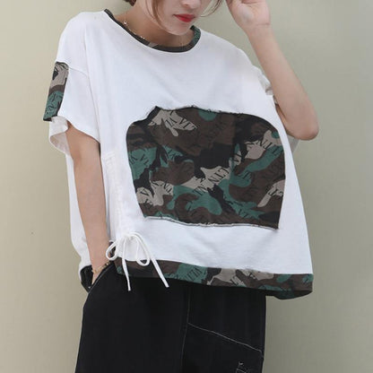 Women o neck patchwork cotton clothes For Women Shape white blouse - SooLinen