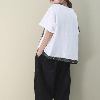 Women o neck patchwork cotton clothes For Women Shape white blouse - SooLinen