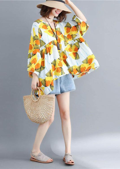 Women o neck patchwork cotton shirts yellow print top - SooLinen