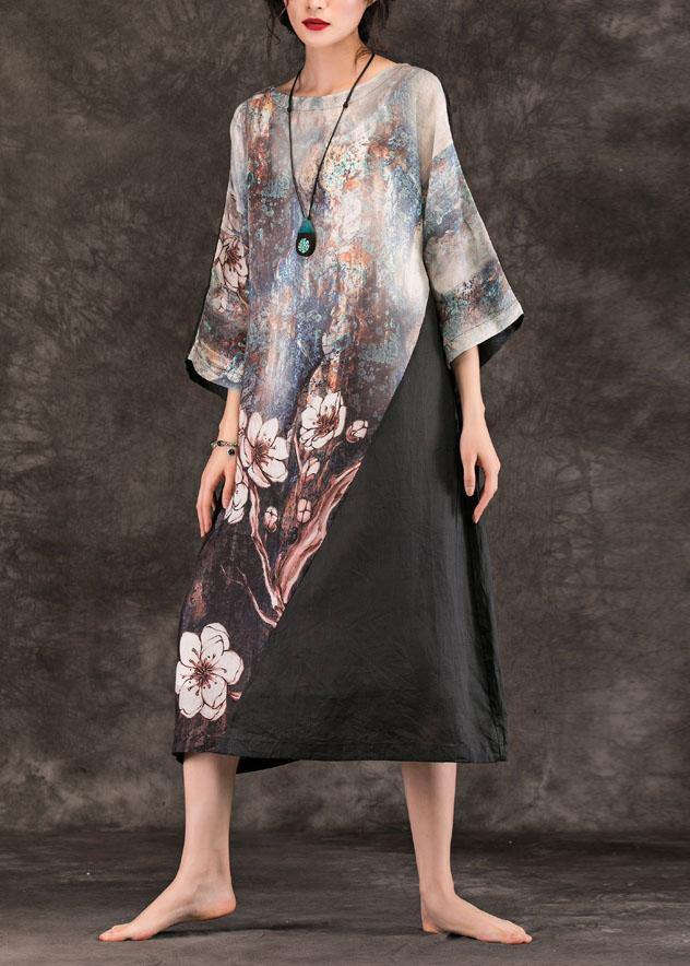 Women o neck patchwork linen clothes For Women Runway black print Dress summer - SooLinen