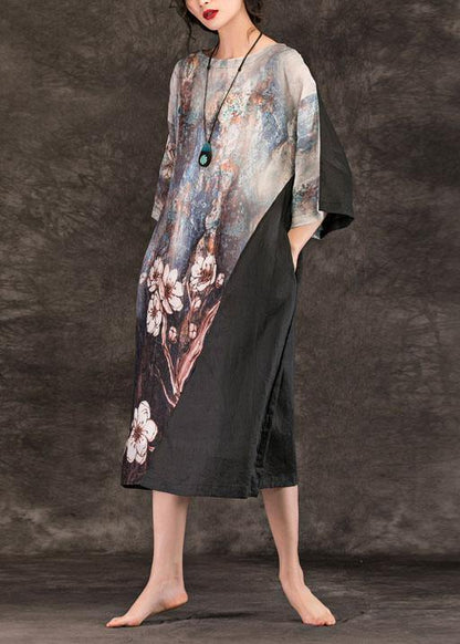 Women o neck patchwork linen clothes For Women Runway black print Dress summer - SooLinen