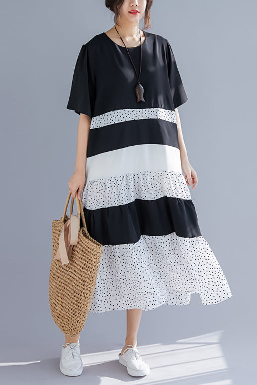 Frauen o neck patchwork leinen baumwolle kleidung 18th Century Arbeit Outfits schwarz Kunst Kleid Sommer